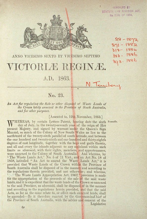 Northern Territory Act of 1863 (SA), p1
